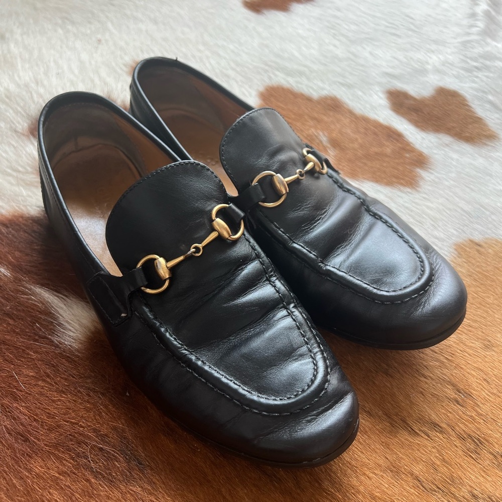 CLASSIC GUCCI JORDAAN HORSEBIT LOAFER WOMENS 37.5 EU BLACK LEATHER AUTHENTIC